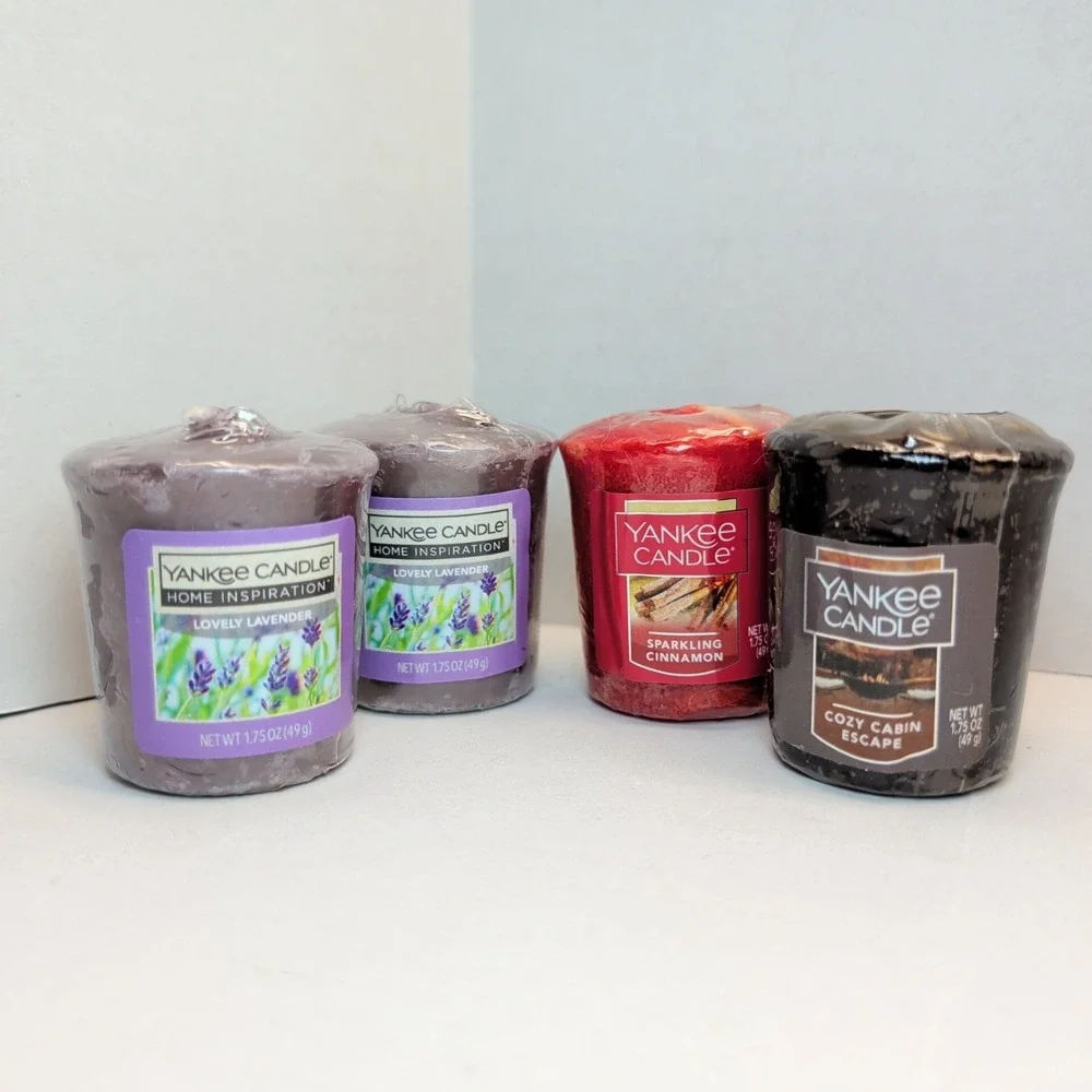 Lot of 4 Yankee Candle Votive 1.75oz Lovely Lavender Cozy Cabin Escape Cinnamon